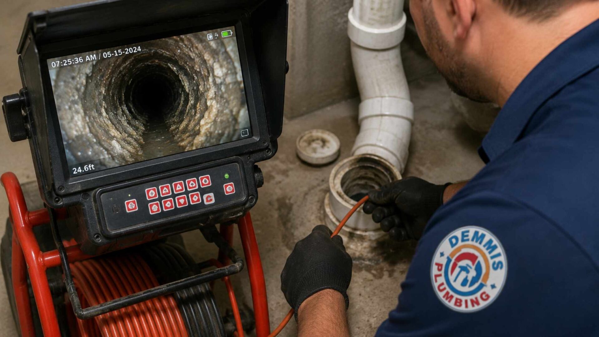 Drain camera inspection showing buildup inside a sewer line.