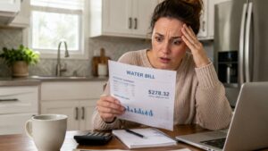 Homeowner looking at an unexpectedly high water bill in the kitchen