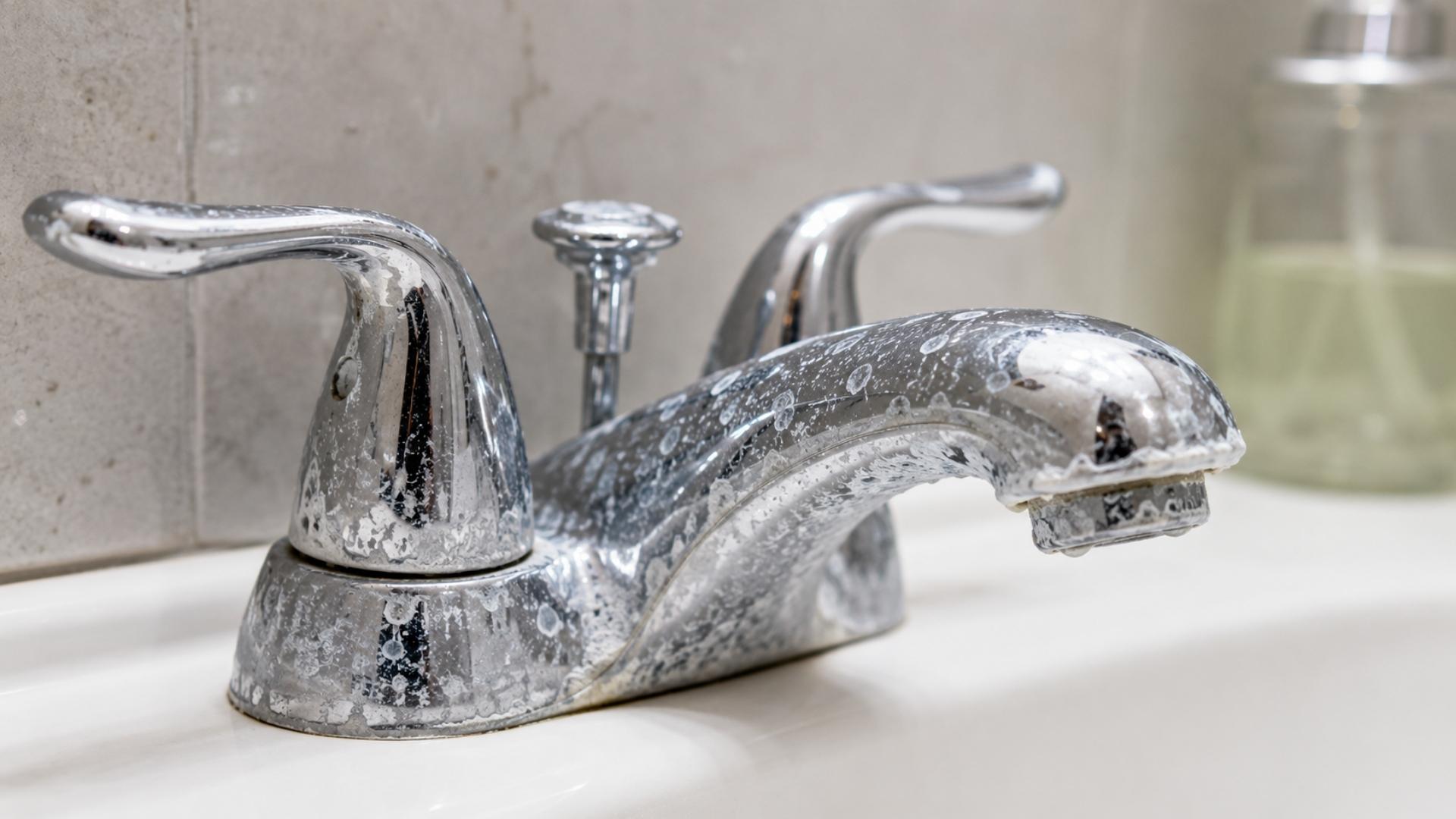 White mineral deposits caused by hard water on a bathroom faucet