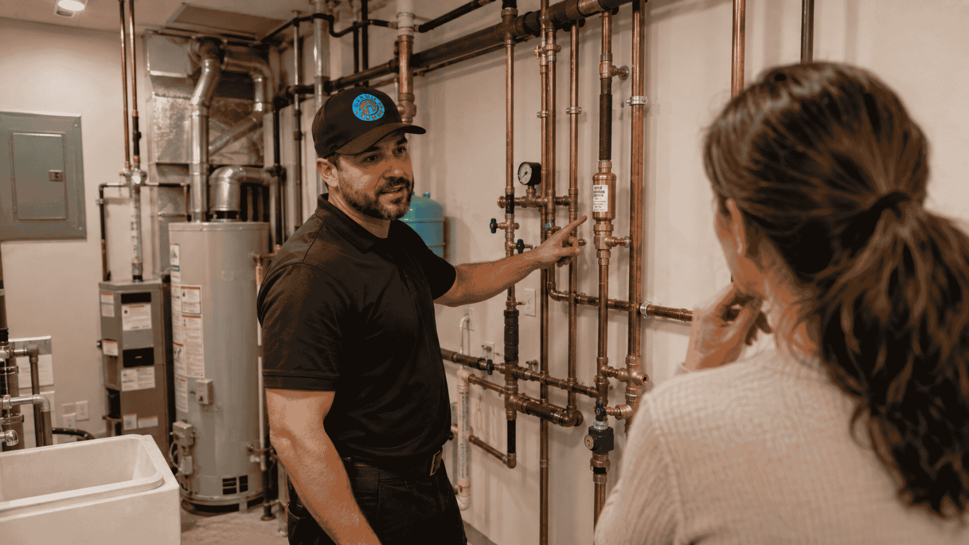 Homeowner discussing water hammer pipe repair options with a licensed plumber in a residential basement.
