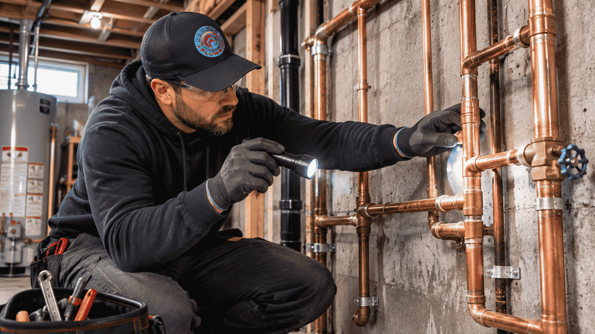 Licensed plumber inspecting exposed copper plumbing for signs of water hammer and pressure issues.