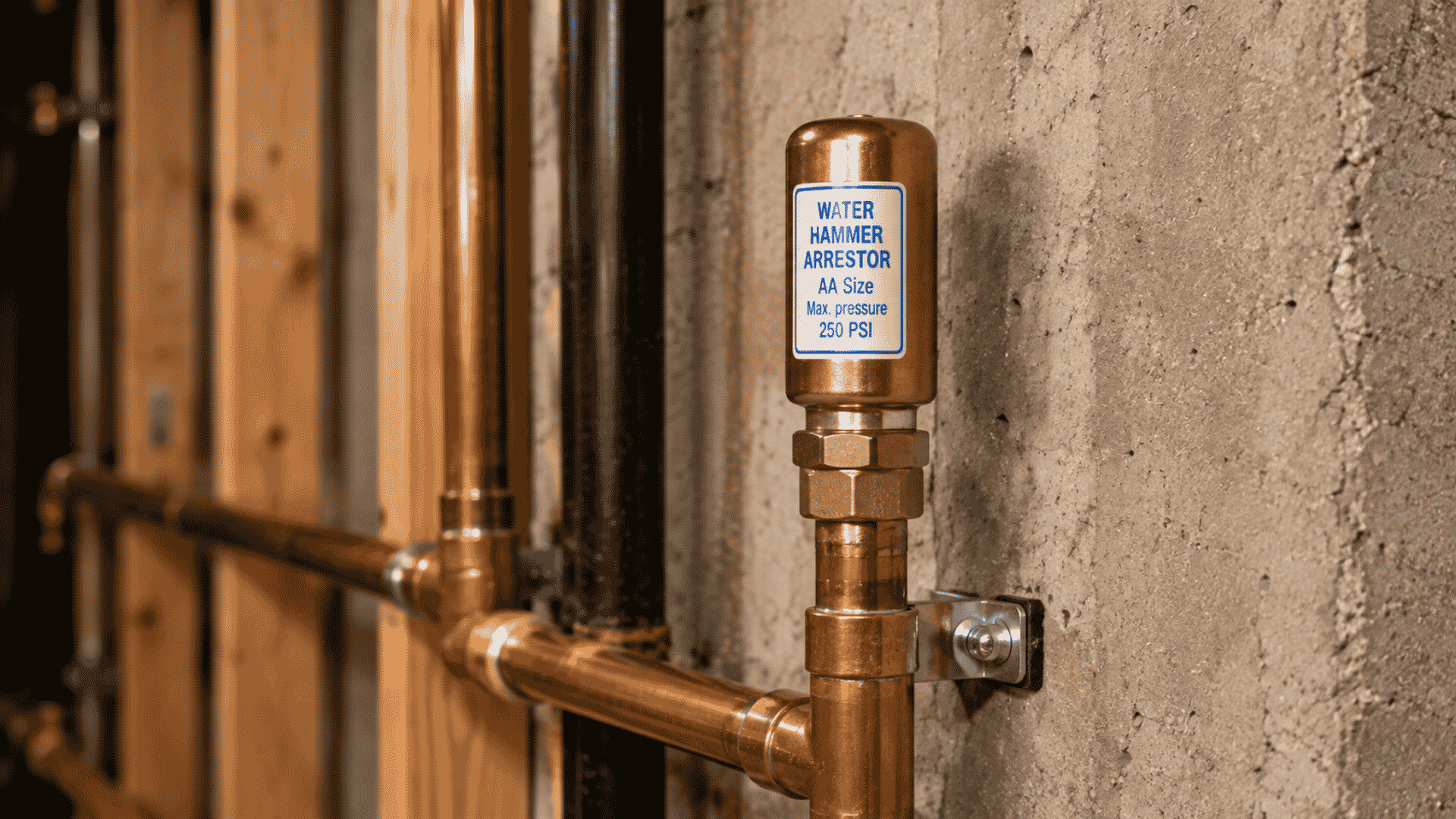 Water hammer arrestor installed on residential copper plumbing to reduce pipe noise and pressure surges.