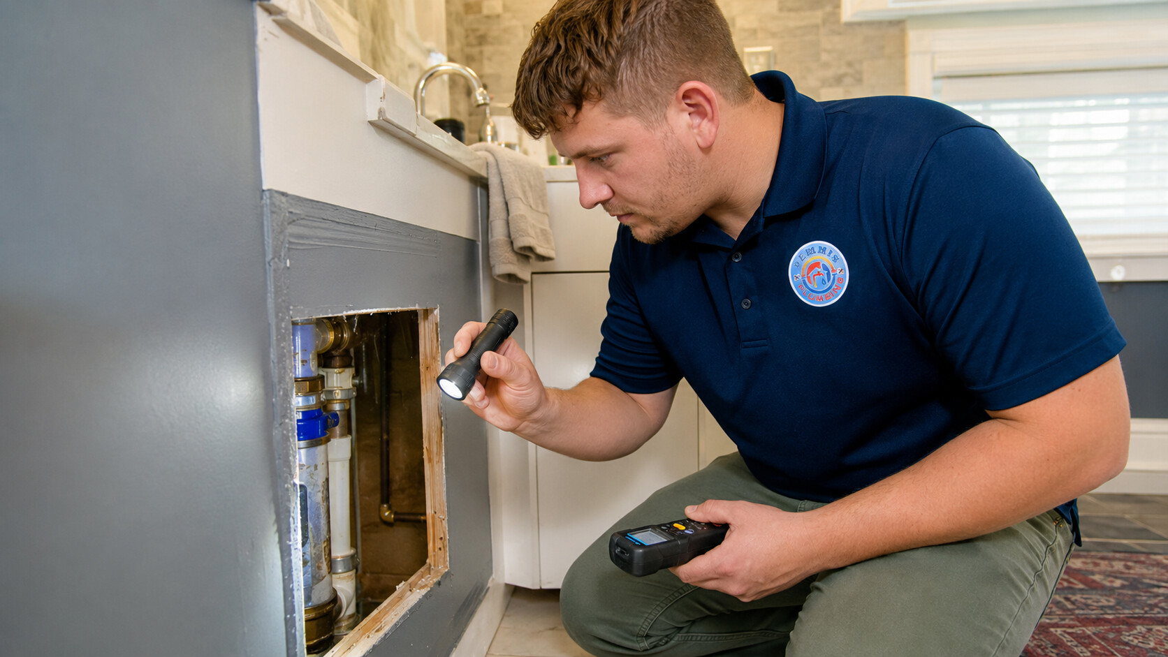 Demmis Plumbing technician performing a residential leak inspection.
