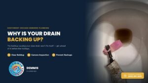 Plumber performing professional drain cleaning service on a residential bathroom clog